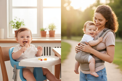 necesito que me hagas una imagen realista en donde se pueda ver un bebe sentado en esta silla especial y a una madre con su hijo utilizando esas sillas que se amarran a la cintura en donde el bebe este sentado en el con la madre contenta.